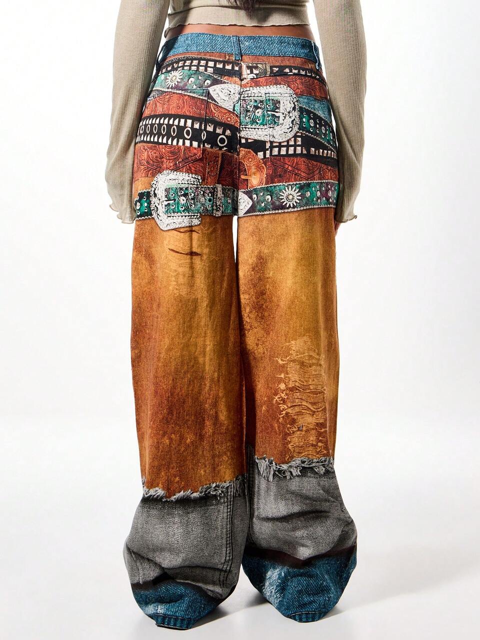SUMWON Patchwork Wide Leg Jeans With Western Belt Print And Distressed Details For Women