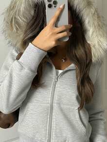 SHEIN EZwear 女士休闲灰色碎花拉链卫衣，适合日常穿着、毕业典礼、返校季、秋冬季节。 - 淺灰色 - 查看 6