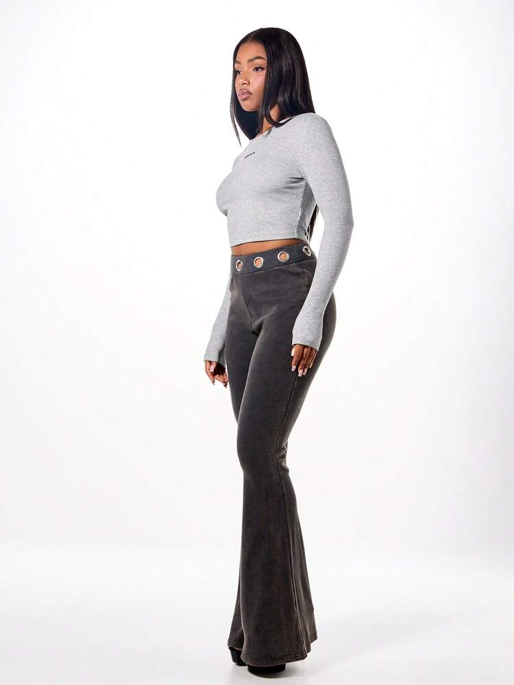 SUMWON WOMEN High Rise Flared Pants With Metal Eyelets