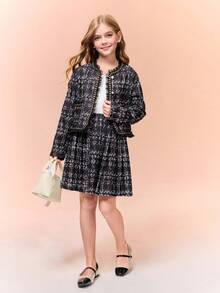 Tween Girl Plaid Contrast Mesh Frill Trim Jacket And Mini Skirt Fashion Set
