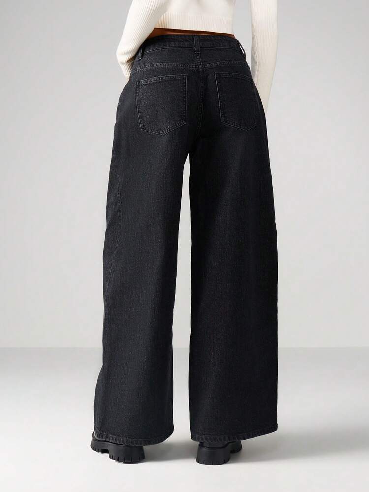 MISSGUIDED High Waisted Wide Leg Pleated Denim Jeans Dark Wash Vintage Palazzo Style Pants With Pockets