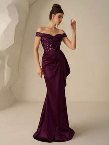 Coutiva Vestido de noche formal de mujer con hombros descubiertos, bajo de cola de pez y parches de lentejuelas elegantes - Rojo violeta - Ver 4