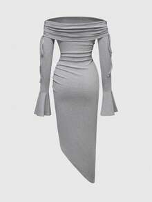 ROMWE Millennium Vintage Off-Shoulder High Slit Sexy Bodycon Dress - Grey - View 2