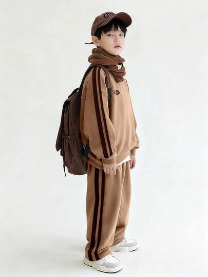 SHEIN 2pcs Tween Boy Casual Striped Letter Print Loose Fit Crew Neck Long Sleeve Sweatshirt And Relaxed Fit Solid Color Sweatpants Set, Suitable For Sports, Autumn/Winter