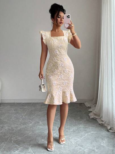 Elenzga Vestido de verano elegante con cuello cuadrado y mangas cortas, con estampado floral jacquard para uso diario