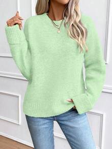 EMERY ROSE Women's Loose Fit Crew Neck Pullover Sweater With Ribbed Cuffs - Mint Green - View 6