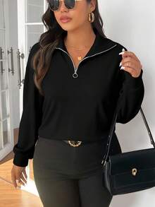 SHEIN Frenchy Áo thun nữ cổ bẻ màu đen trơn cỡ lớn, thường ngày thu/đông - Nhiều màu - Xem 5