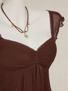 SHEIN ICON 女式褶皱前开合身性感网眼拼接盖袖露背休闲度假短款背心 - 棕色 - 查看 4