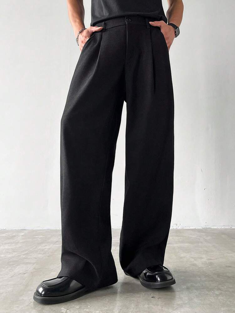 Manfinity Hypemode 男士加厚阔腿褶皱长裤，带口袋，秋季 - 黑色 - 查看 4