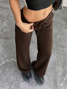 SHEIN PETITE 舒适休闲纯色针织低腰阔腿女式运动裤 - 棕色 - 查看 5