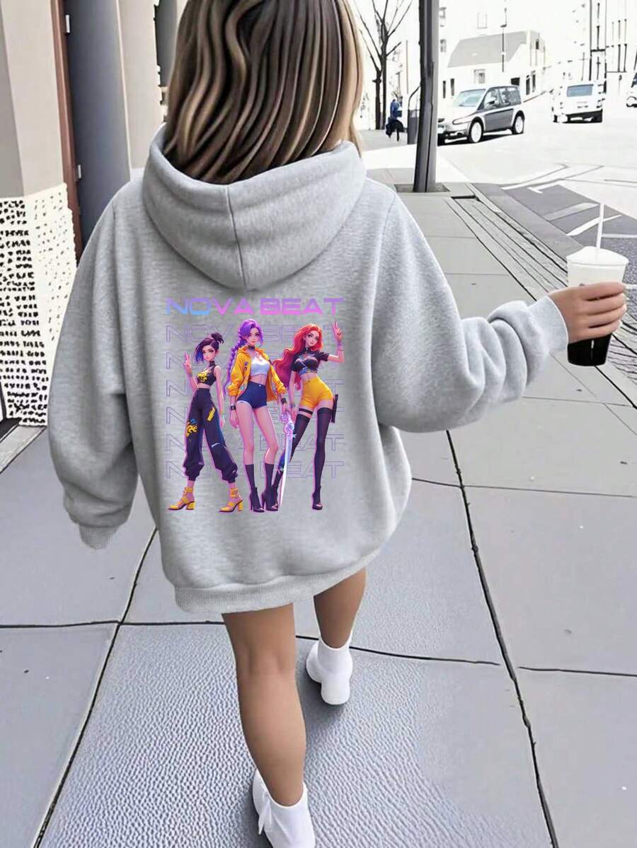 SHEIN Tween Girls Casual K-POP Girl Group Cartoon Girl Print Sweatshirt, Fashionable Street Style Graphic Pullover Suitable For Autumn/Winter Outfits - Grey - View 1
