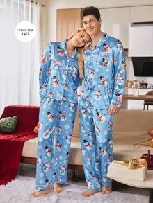 CoupledUp 男士可爱圣诞雪人雪花印花翻领缎面长袖上衣和裤子睡衣套装 情侣睡衣套装 秋冬服装 男士睡衣 - 藍色 - 查看 6