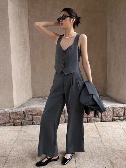 K-Vae 2pcs/Set Women Plain Front Button Long Sleeve Pocket Revere Collar Top & Pants Casual Suit