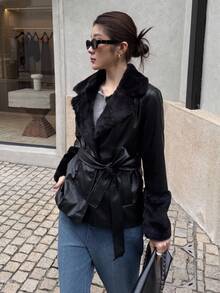 K-Vae Chaqueta casual de manga larga de unicolor con parches de PU, cintura con cordón