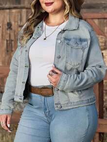 EMERY ROSE Áo khoác denim dài tay dáng suông có túi, chất liệu co giãn, dành cho nữ cỡ lớn mùa đông. - Rửa nhẹ - Xem 6