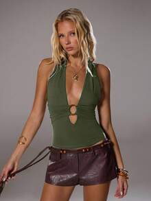 TRNVIE Elegant High Street Halter Neck Circular Decor Sleeveless Top, Light Blue, Spring/Summer - Army Green - View 4