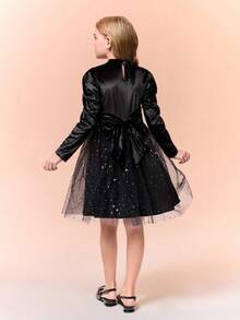 SHEIN 1 chiếc váy dệt kim cổ tròn tay dài có viền hoa thêu gân cho bé gái, ngọt ngào và nữ tính, mùa thu - màu đen - Xem 5