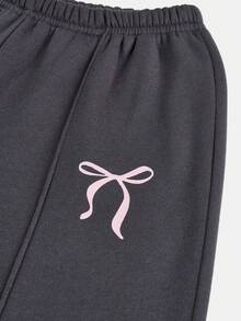 SHEIN 少女字母刺绣套头拉链卫衣和休闲裤两件套 - 深灰色 - 查看 3