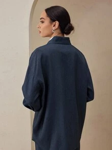 Women's Navy Blue Denim Effect Cargo Zip Pocket Long Sleeve Loose Blouse, New Autumn Design - Navy Blue - View 2