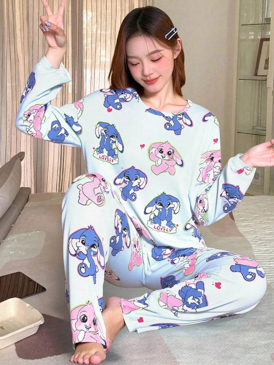 2 件套青少年女孩长袖圆领毛衣上衣和宽松裤子睡衣套装，可爱兔子印花，柔软针织面料，舒适，甜美风格，蓝色新款 - 彩色 - 查看 1