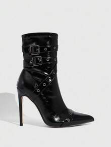 Daringsoles 女式尖头扣环设计闪亮尖头细高跟中筒靴 - 黑色 - 查看 3