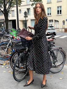 Pariaura Women's Autumn Mid-Length Waist Cinched Polka Dot V-Neck Casual Dress