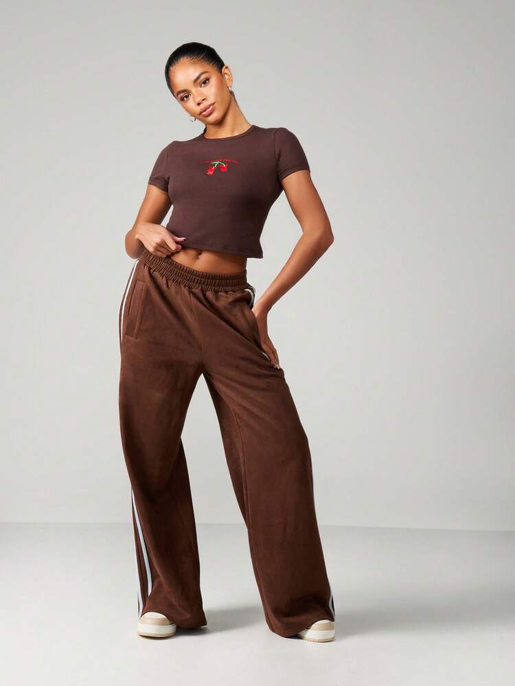 Missguided x Playboy Baby Tee Cherry Embroidered Crop Top Retro Style Casual Short Sleeve Fitted Leisure Lounge Summer Spring