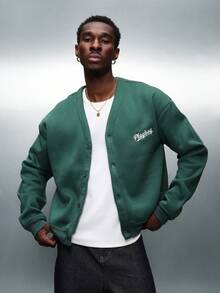 PLAYBOY X SUMWON Crop Fit Varsity Cardigan Sweatshirt With Button Front Closure And Logo Embroidery - Dark Green - View 3