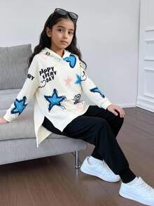 SHEIN 2 件套青少年女孩休闲运动街头服饰涂鸦卡通口号印花超大宽松落肩连帽衫和修身罗纹慢跑裤套装 - 米色 - 查看 8