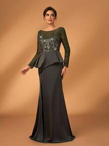 Serin Elegancka, luksusowa, perłowa, koronkowa, patchworkowa, elastyczna, satynowa sukienka z rozcięciem i długimi, prześwitującymi rękawami, idealna na wesela, imprezy, wakacje, gale, suknie ślubne i dla matki panny młodej