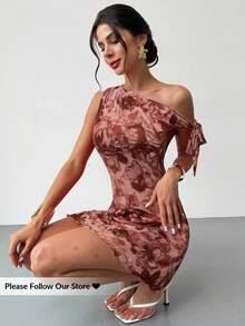 Firerie 女式夏季新款碎花不对称肩部性感优雅度假迷你连衣裙，网眼碎花连衣裙，不对称领口连衣裙，春夏服装，沙滩装，优雅，性感，度假，海滩，夏威夷，约会，派对，音乐节，毕业礼服，舞会 - 棕色 - 查看 4