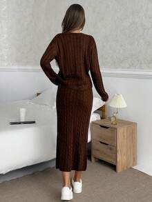 EURMUSE Women's Cable Knit 2 Pieces Set In Dark Brown With Regular Fit - Brown - View 5