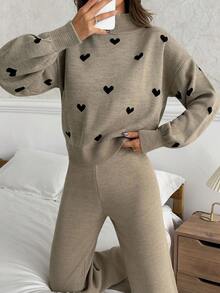 EURMUSE Women Hearth Embroidery Detailed Mock Neck Drop Shoulder Pullover & Sweater Pants Set