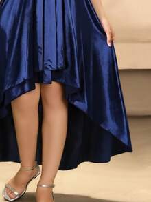 Tween Girls' Elegant Navy Blue Winter Formal Wedding Guest Satin Dress,Off Shoulder Sleeveless Waist-Cinched High Low Hem Prom Birthday Party Gown - Blue - View 3