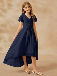 女童优雅V领无袖高腰长款不对称下摆雪纺蓝色连衣裙 - 藏蓝色 - 查看 4