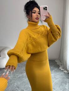 SHEIN Elenzya 女式秋冬 Anneusta 上衣，适合度假、独立日、劳动节、哥伦布日、感恩节、情人节、街头风格、复古风、斯堪的纳维亚风、垃圾摇滚风、韩式风格、休闲装、工作服、教师装、返校装、哥特风、办公室装、商务休闲装、金黄色高领针织毛衣两件套 - 黃色 - 查看 7