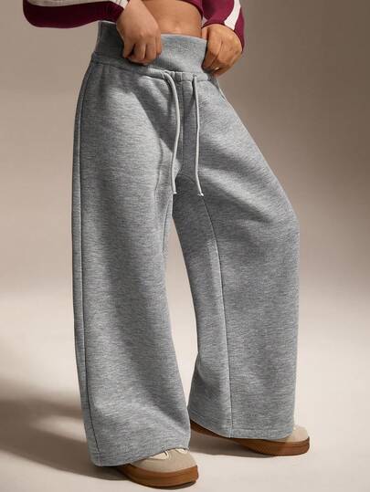 SHEIN 年轻女孩休闲宽松阔腿运动裤，高腰抽绳设计，有弹性且柔软，适合跑步、运动、日常休闲穿着