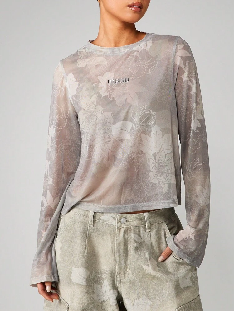 MISSGUIDED Long Sleeve Floral Camouflage Print Top With Crew Neck And Regular Fit For Casual Daily Wear