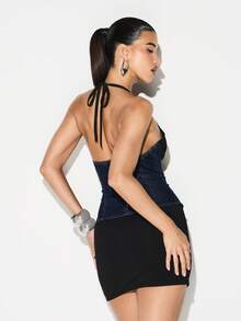 KIZN Halter Neck Denim Corset Mini Dress Bodycon Party Dress Sleeveless Club Night Out Dress - Multicolor - View 2