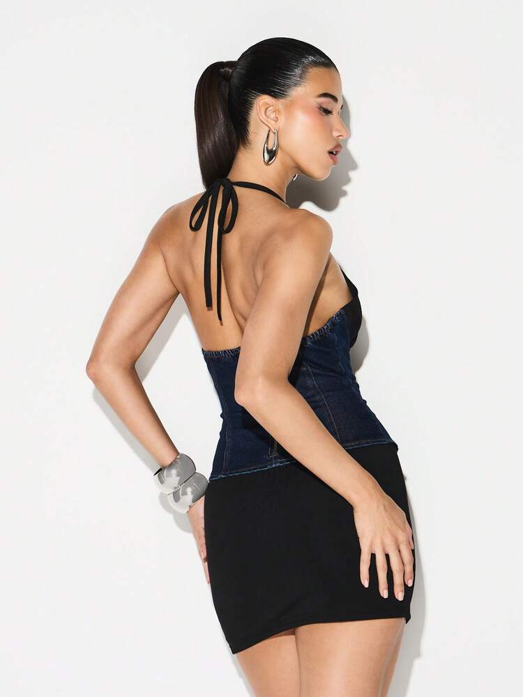 KIZN Denim Corset Halter Mini Dress