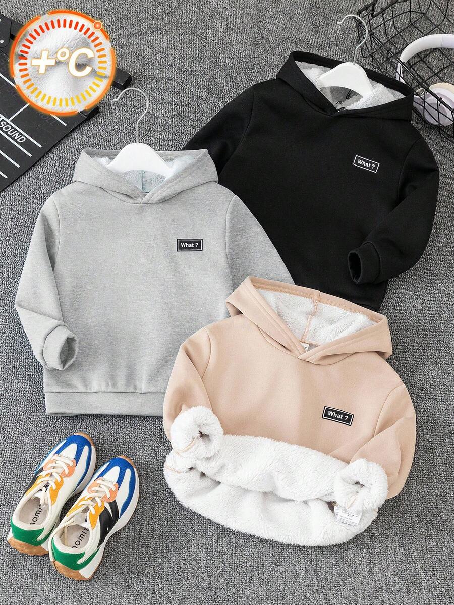 SHEIN 3 piezas Sudaderas con capucha de unicolor con aplicación de letras y forro térmico para niños pequeños