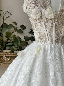 Lovelzi 优雅、奢华、高贵、宫廷风白色 3D 花卉蕾丝、鱼骨纹、深 V 领、露背、3D 花卉装饰、伞形下摆连衣裙，适合单身派对、婚礼、毕业典礼、度假、新娘送礼会 - 白色 - 查看 6