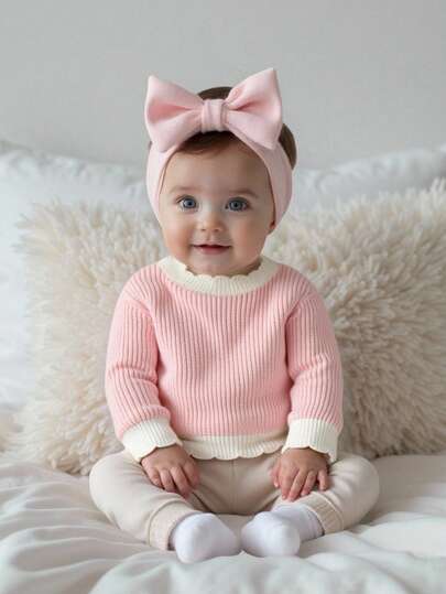 SHEIN Playful Pals Suéter de punto con cuello de volantes de color contrastante para niña, cómodo suéter de manga larga para otoño/invierno, versátil suéter casual elegante de color rosa adecuado para uso diario, hogar, exterior, viajes, escuela