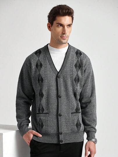 Manfinity CityGents Koreanischer Stil lässiger Herren V-Ausschnitt Cardigan, vintage thermisch gefütterter dicker Strick Cardigan, Herbst/Winter