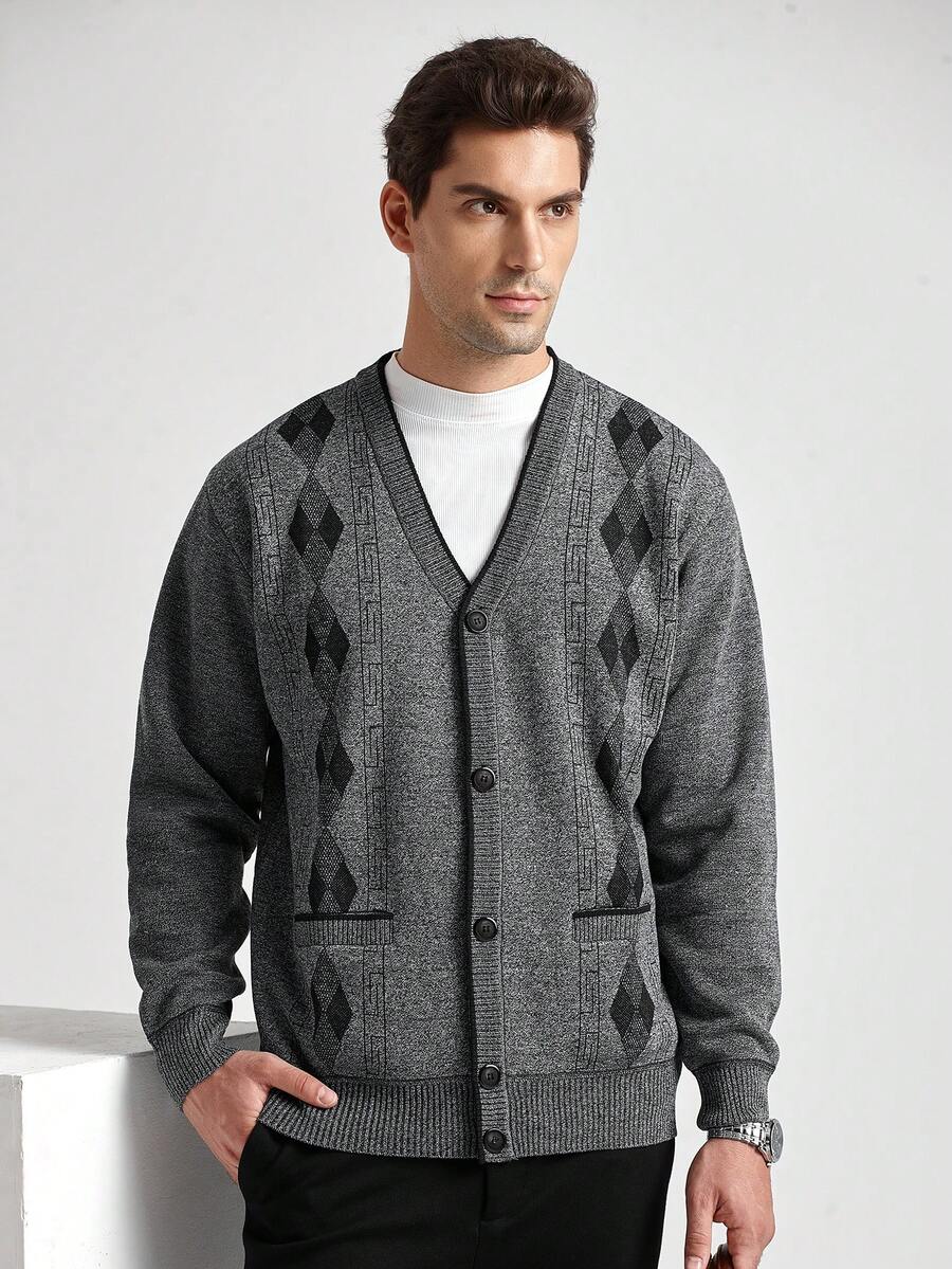 Manfinity CityGents Kardigan męski w stylu koreańskim, z dekoltem w serek, gruby, dzianinowy kardigan z podszewką termiczną w stylu vintage, jesień/zima