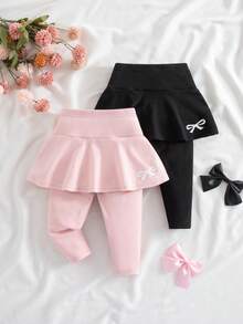 2件套可爱休闲百搭纯色针织蝴蝶结松紧腰裤 - 彩色 - 查看 1