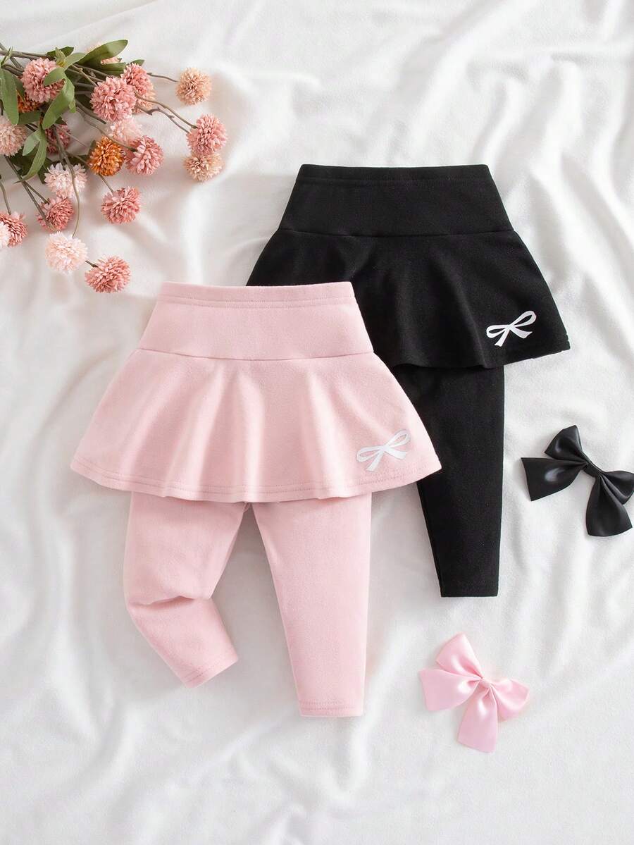 2件套可爱休闲百搭纯色针织蝴蝶结松紧腰裤 - 彩色 - 查看 1