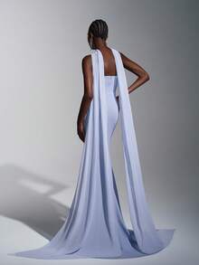 Elitara Elegant Greyish Blue Knitted Stretchy Rhinestone Embellished Sequin Trailing Formal Dinner Dress, Minimalist Wedding Event Birthday Party Gown - Dusty Blue - View 4