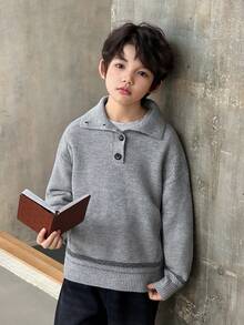 DAZY Áo len dài tay cổ bẻ vai trễ vai màu trơn cho bé trai tuổi mới lớn, thu/đông - Xám - Xem 3