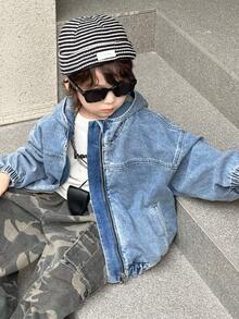 DAZY 幼儿男童宽松休闲连帽牛仔夹克和外套，街头酷炫风格，秋季 - 藍色 - 查看 6